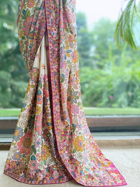 Kaleido Flora  Cream Silk Georgette Saree