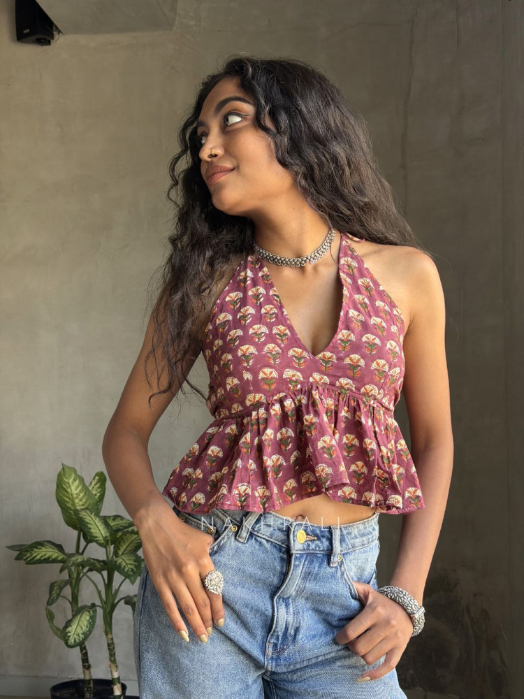 Image of Tierra Flare purple Printed Crop Top