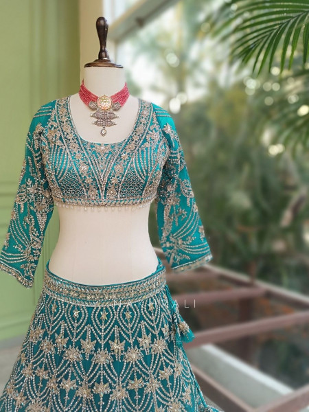 Gulnaar Firozi Lehenga Set with Mirror, Beads and Heavy Embroidery