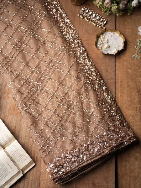 Suhana Brown Handworked Net Saree with Readymade Blouse