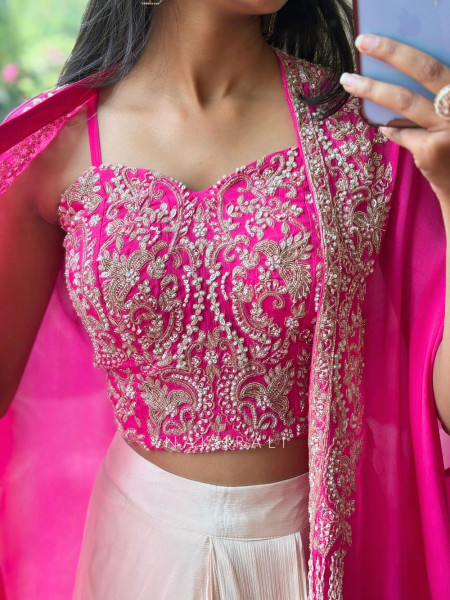 Aria Tulip Magenta Georgette Crop Top Dhoti Skirt Set with Cape Jacket