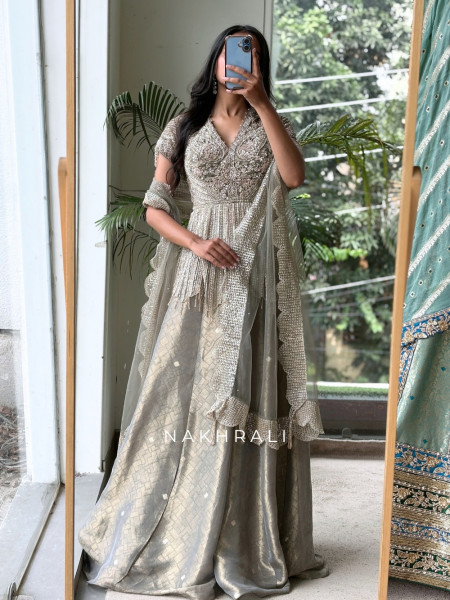 The Silver Willow Grey Tulle, Banarasi Brocade & Net Peplum Palazzo Set