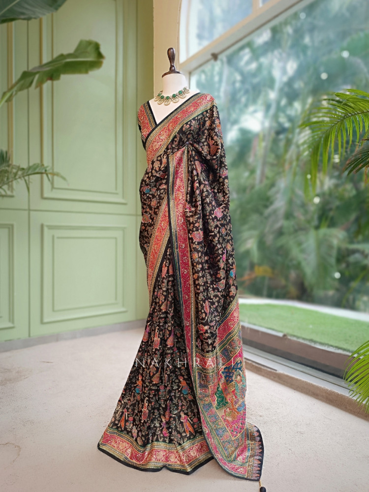Image of KathaKala Black Pichwai Kalamkari Saree