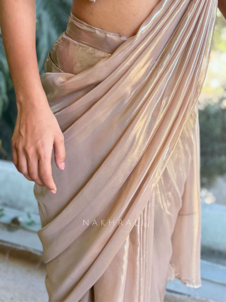 Sera Brown Shimmer Halter Neck Drape Saree