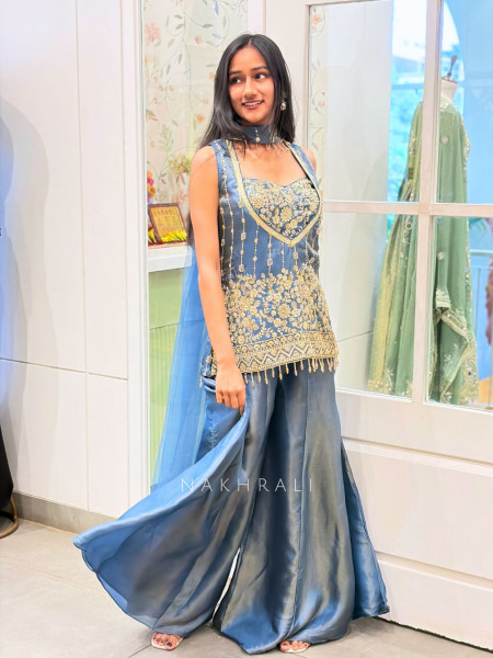Laylara Blue Indo Western Palazzo Set with Sequin Work