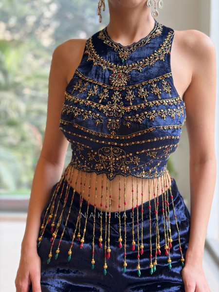 Nazneen Blue Velvet Indo-Western Crop Top Palazzo