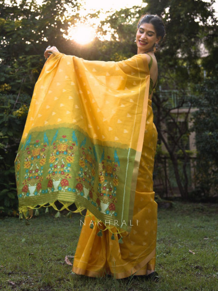 Mayur Mehendi Green Chanderi Saree with Floral Ikat Print
