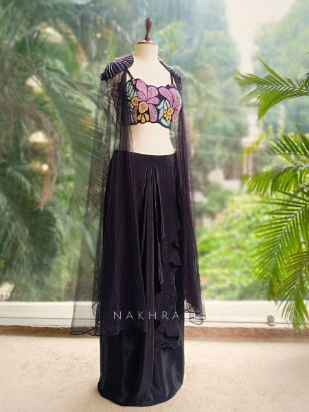 Viola Bloom Black Sequin Embroidered Dhoti Skirt Set
