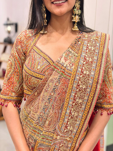 Kalaki Red Printed Saree with Sequin Embroidery Work