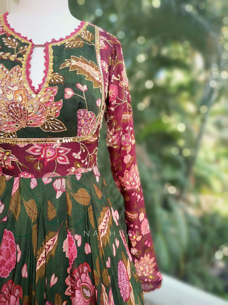 Amara Green Floral Anarkali with Embroidered Dupatta