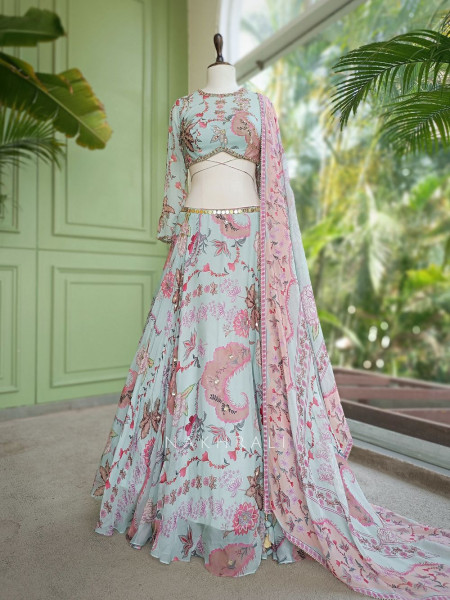 Pushpanchal Sky Blue Lehenga Set with Floral Print and Sequin Work