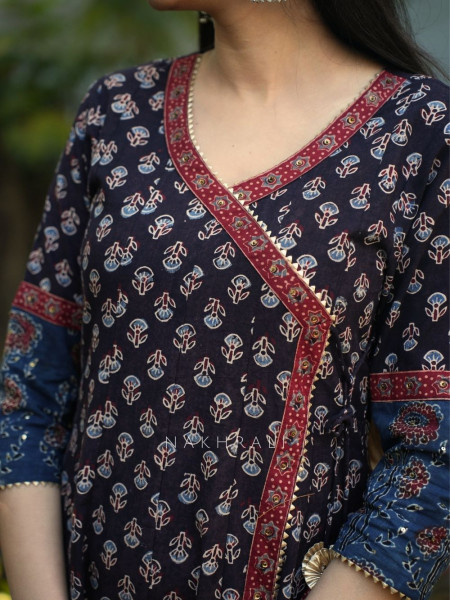 Umrao Black Angrakha Cotton Kurta Pant Set