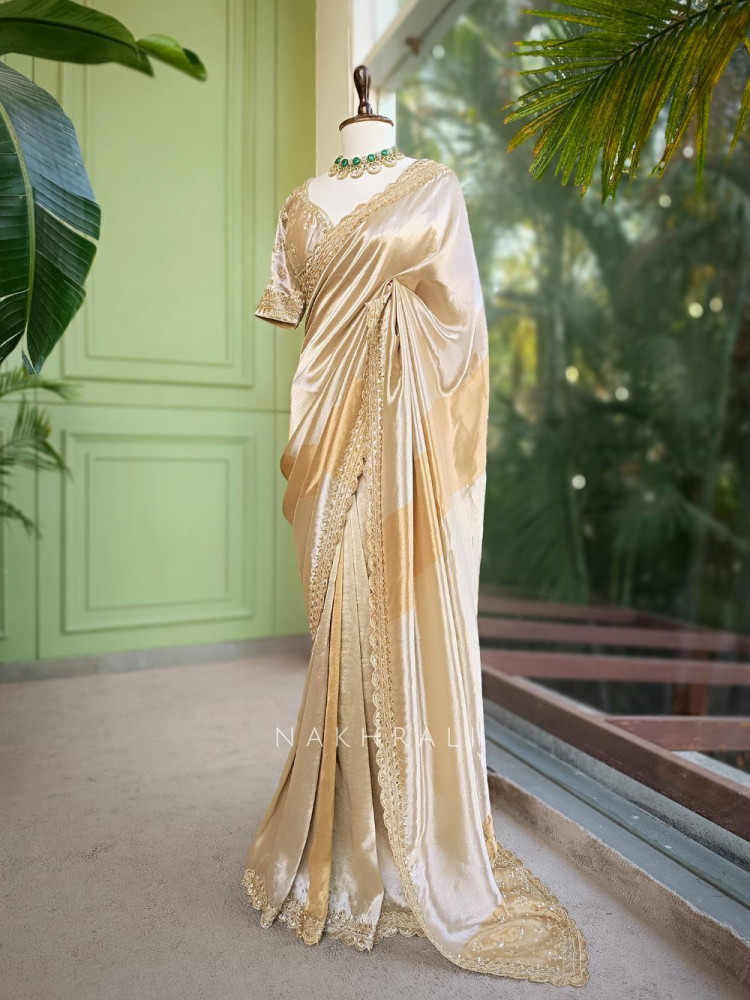 Image of Aakarshana Golden Saree with Embroidered Border