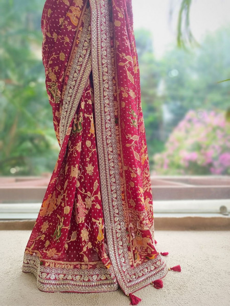 Rivayat-e-Aroos Maroon Saree With Heritage Motif Border Work