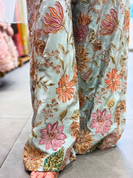 Kiara Pista Green Jumpsuit with Floral Zari Work