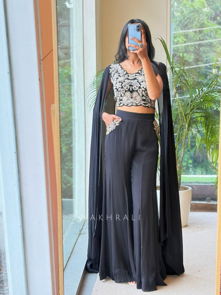 Image of Rashaara Black Georgette/Fine Crepe – Indo-Western Crop Top Palazzo Set