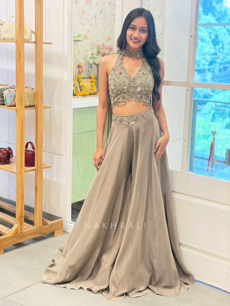 Avelyn Grey Crop Top Palazzo Set with Sequin & Cut Dana Work