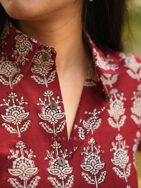 Rihana Maroon Cotton Block Printed Button-Down Dress