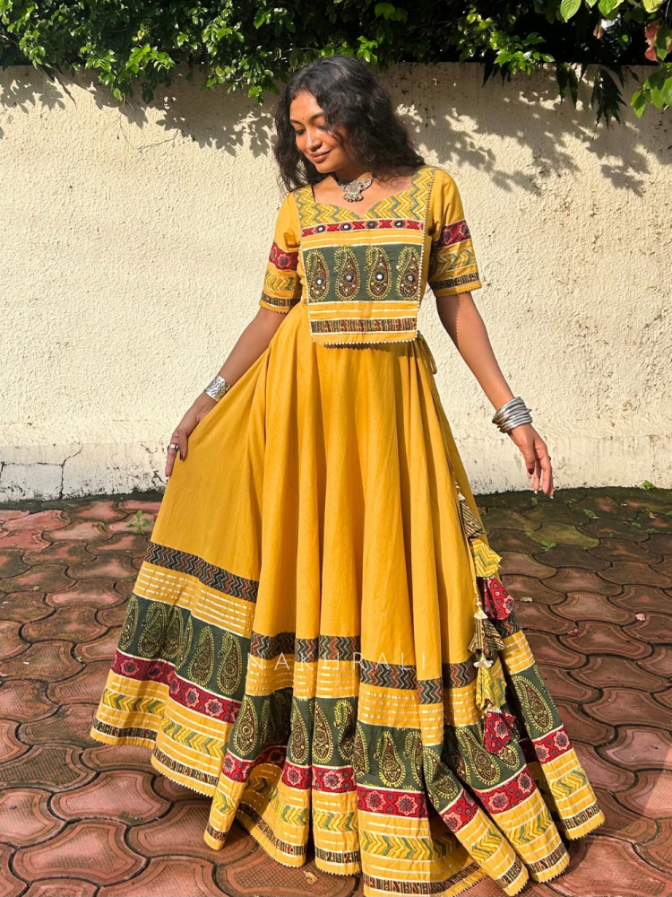 Image of Raasvati Yellow Pure Cotton Navratri Lehenga Choli