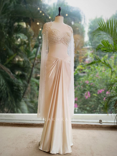 Zaria Ivory Draped Dhoti Skirt Set with Cape Blouse