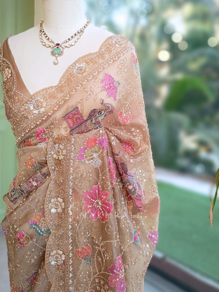 Noor-e-Afsanah Brown Organza Saree with Royal Elephant Motifs