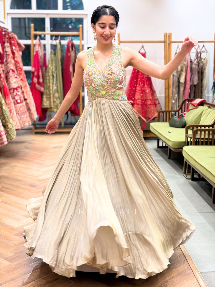 Image of Liquid Gold Micro-Pleated Maxi Gown with Pop-Cultural Hand Embroidery