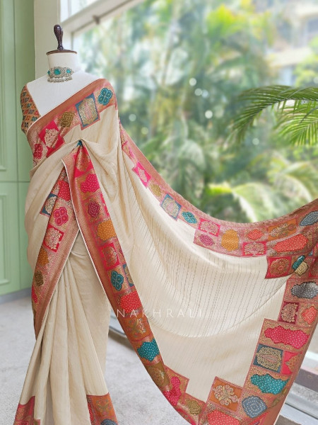 Ranjani Beige Saree with Multicolor Woven Border