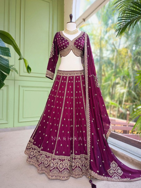 Toshika Wine Lehenga Set with Detailed Embroidery Work