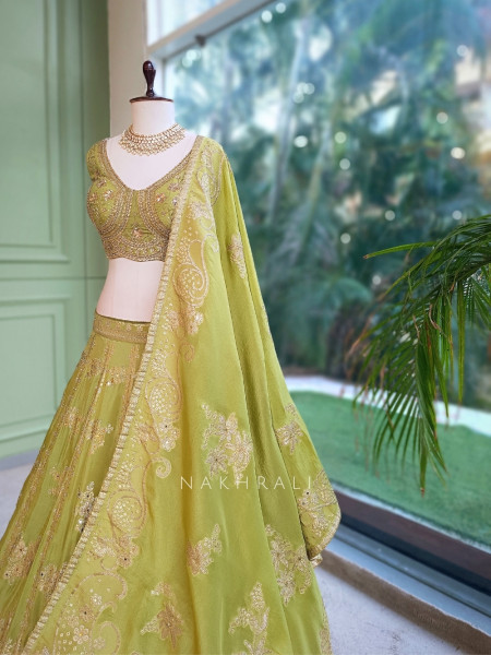 Pank Parrot Green Banarasi Silk Lehenga Set With Sequin Floral & Paisley Work