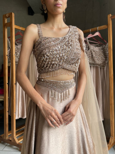 Aurelia Rose-Gold Liquid Silk Fusion Lehenga Set