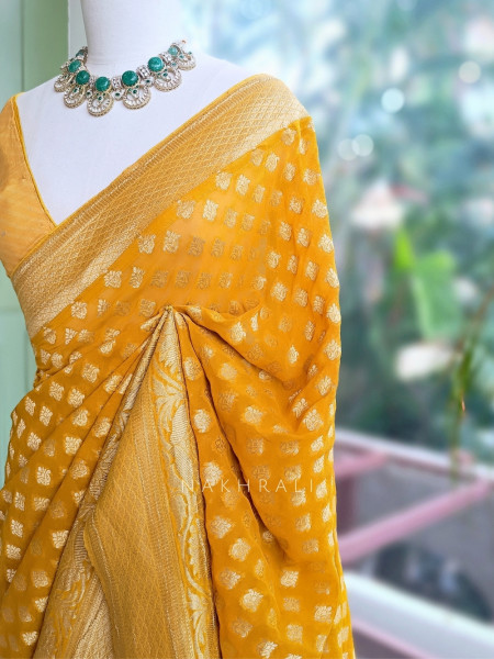 Gulzaar Mustard Banarasi Silk Saree with Brocade Pallu