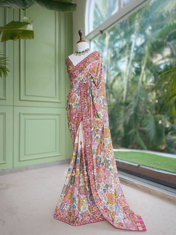 Image of Kaleido Flora  Cream Silk Georgette Saree