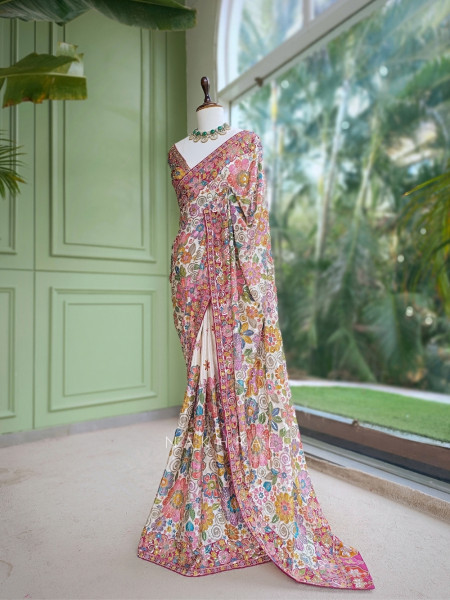 Kaleido Flora  Cream Silk Georgette Saree