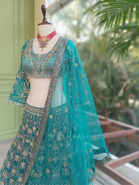 Gulnaar Firozi Lehenga Set with Mirror, Beads and Heavy Embroidery