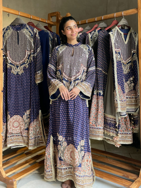 Nirvani Navy Blue Modal Silk Long Suit Set With Sheesha, Sequin & Gota Work