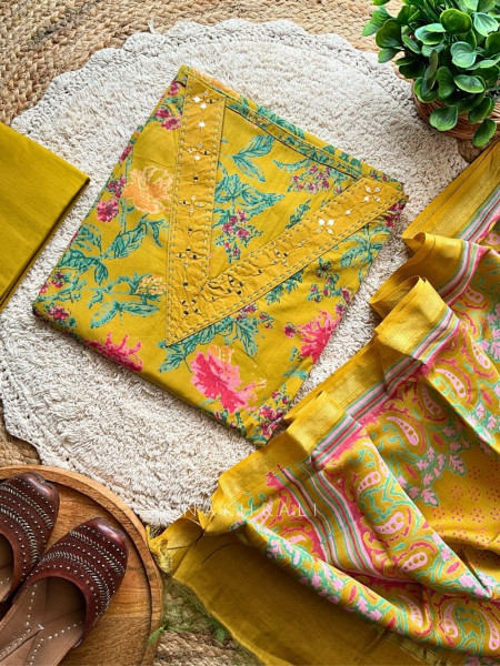 Gulmohar Mustard Cotton Dress Material with Mirror Work