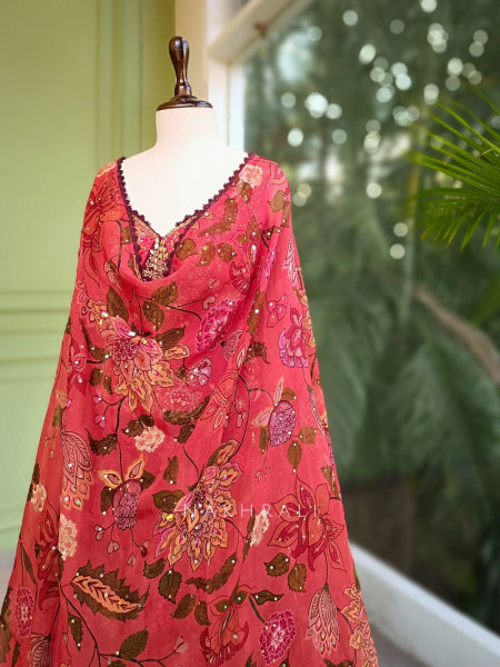 Crimson Bloom Georgette Corset Lehenga with Sequin Embroidery