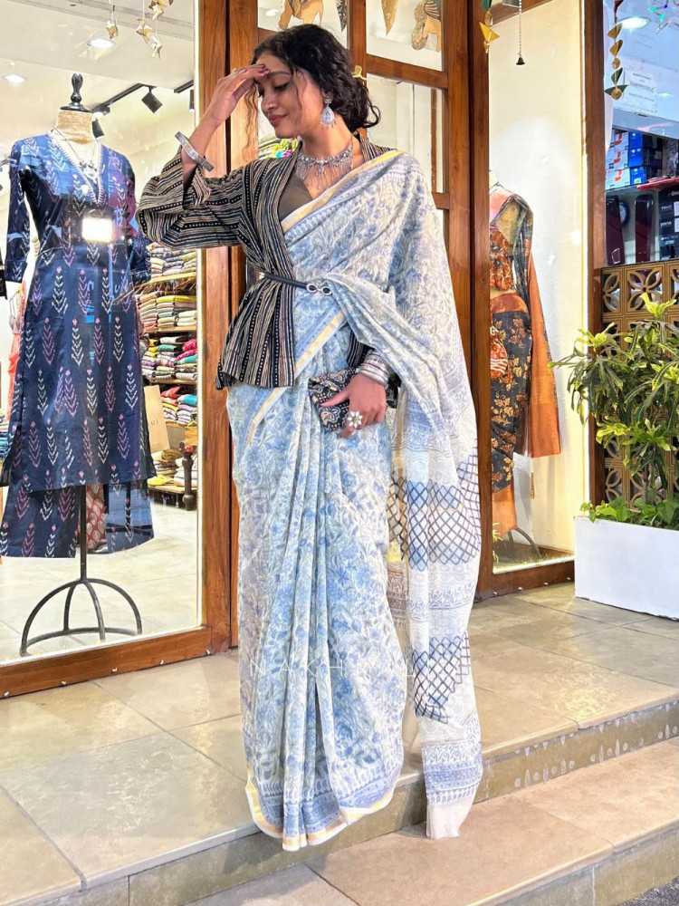 Image of Vanshika Maheshwari Blue Floral Printed Saree