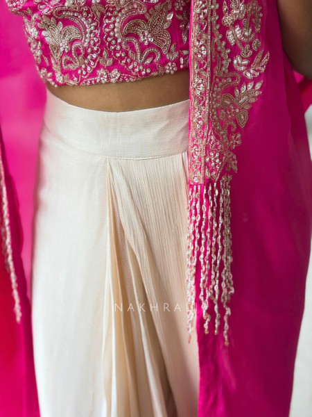 Aria Tulip Magenta Georgette Crop Top Dhoti Skirt Set with Cape Jacket