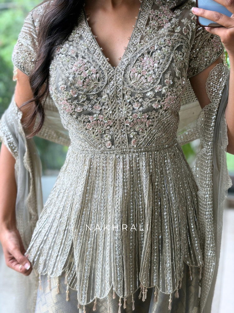 Image of The Silver Willow Grey Tulle, Banarasi Brocade &amp; Net Peplum Palazzo Set