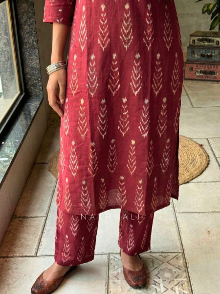 Tanirika Maroon Cotton Kurta Pant Set with Ikat Print
