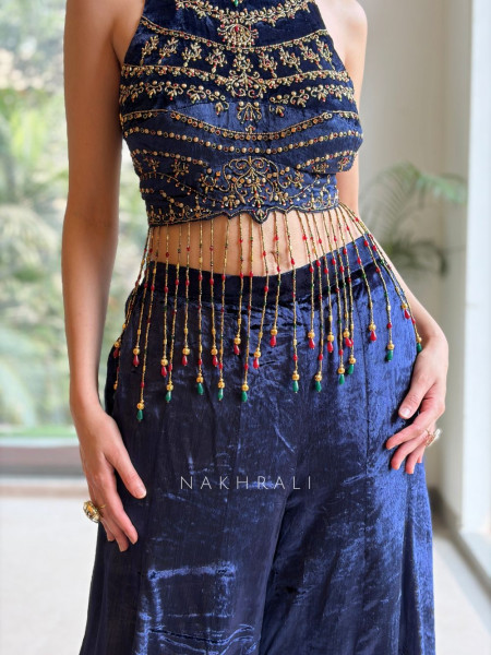 Nazneen Blue Velvet Indo-Western Crop Top Palazzo