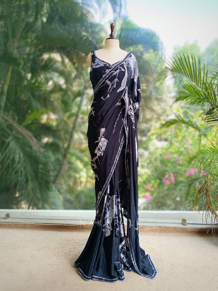 Image of Midnight Muse Black Satin Saree with Sequin Blouse