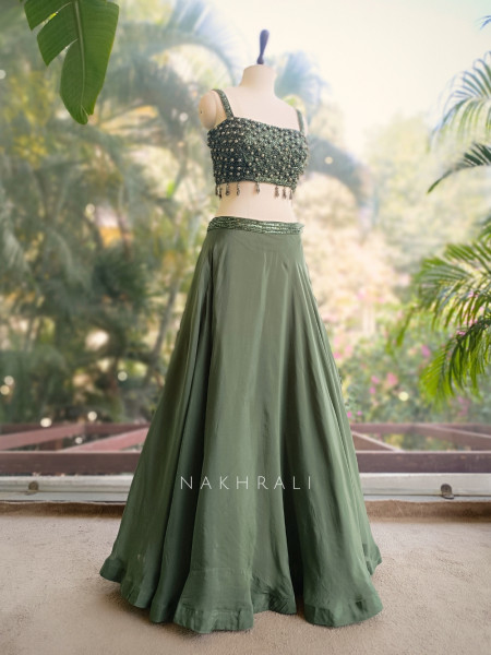 Sage Green Indo Western Lehenga with Pearl Embellished Blouse