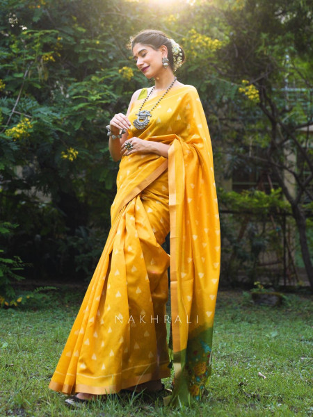 Mayur Mehendi Green Chanderi Saree with Floral Ikat Print