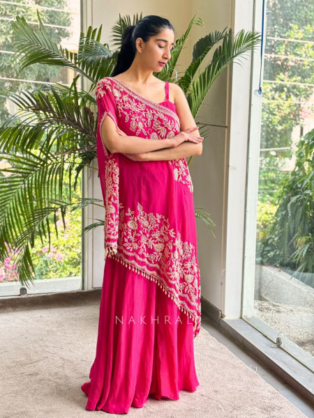 Azure Bloom Cape Magenta Top Sharara Set with Cut dana Work