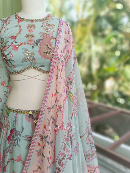 Pushpanchal Sky Blue Lehenga Set with Floral Print and Sequin Work