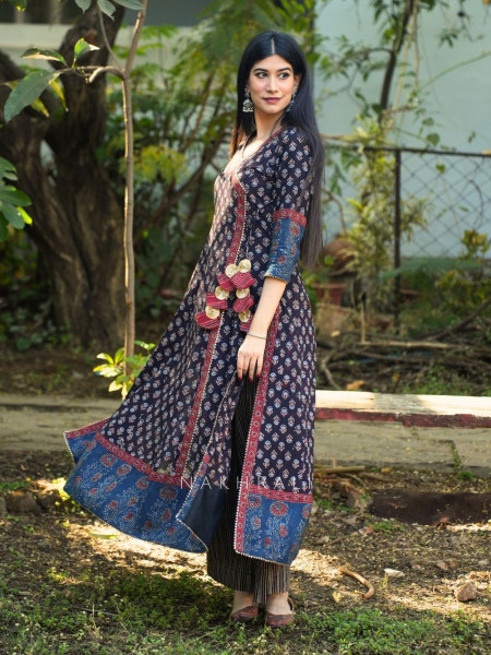 Umrao Black Angrakha Cotton Kurta Pant Set