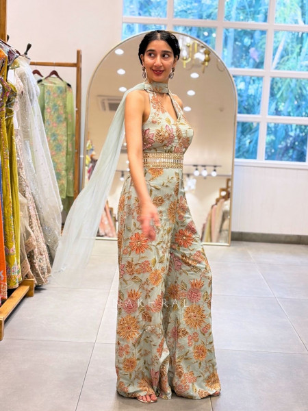 Kiara Pista Green Jumpsuit with Floral Zari Work