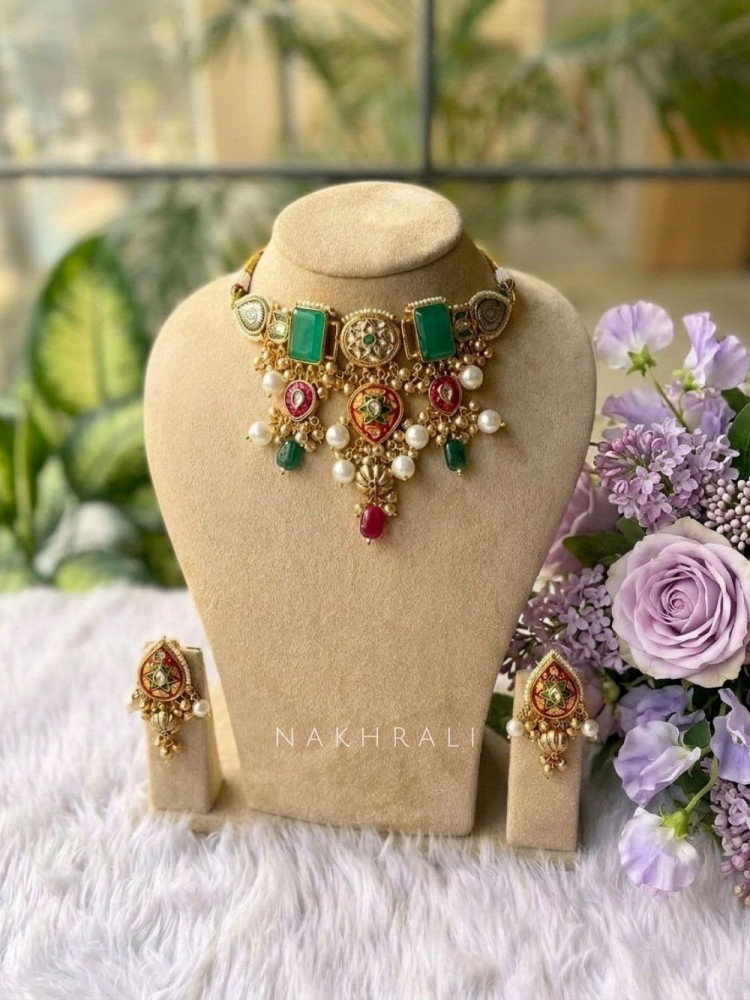 Image of Kavira Green Choker Necklace Set with Meenakari &amp; Pearl Drops